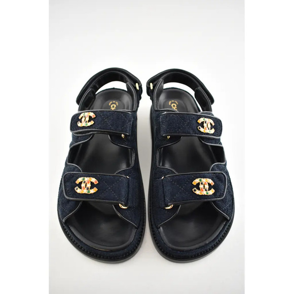 Chanel 21A Blue Velvet Denim CC Logo Mule Slide Strap Flat Teva Dad Sandal 35.5 - Picture 8 of 12